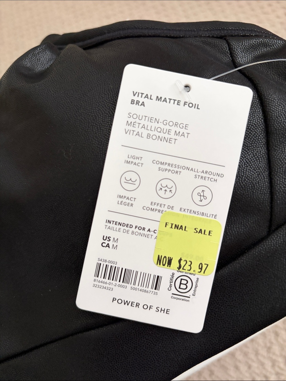 Athleta Black Matte Foil Sports Bra